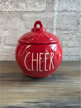 Rae Dunn CHEER Christmas Ornament Canister Jar Red Ceramic Holiday Large Letter